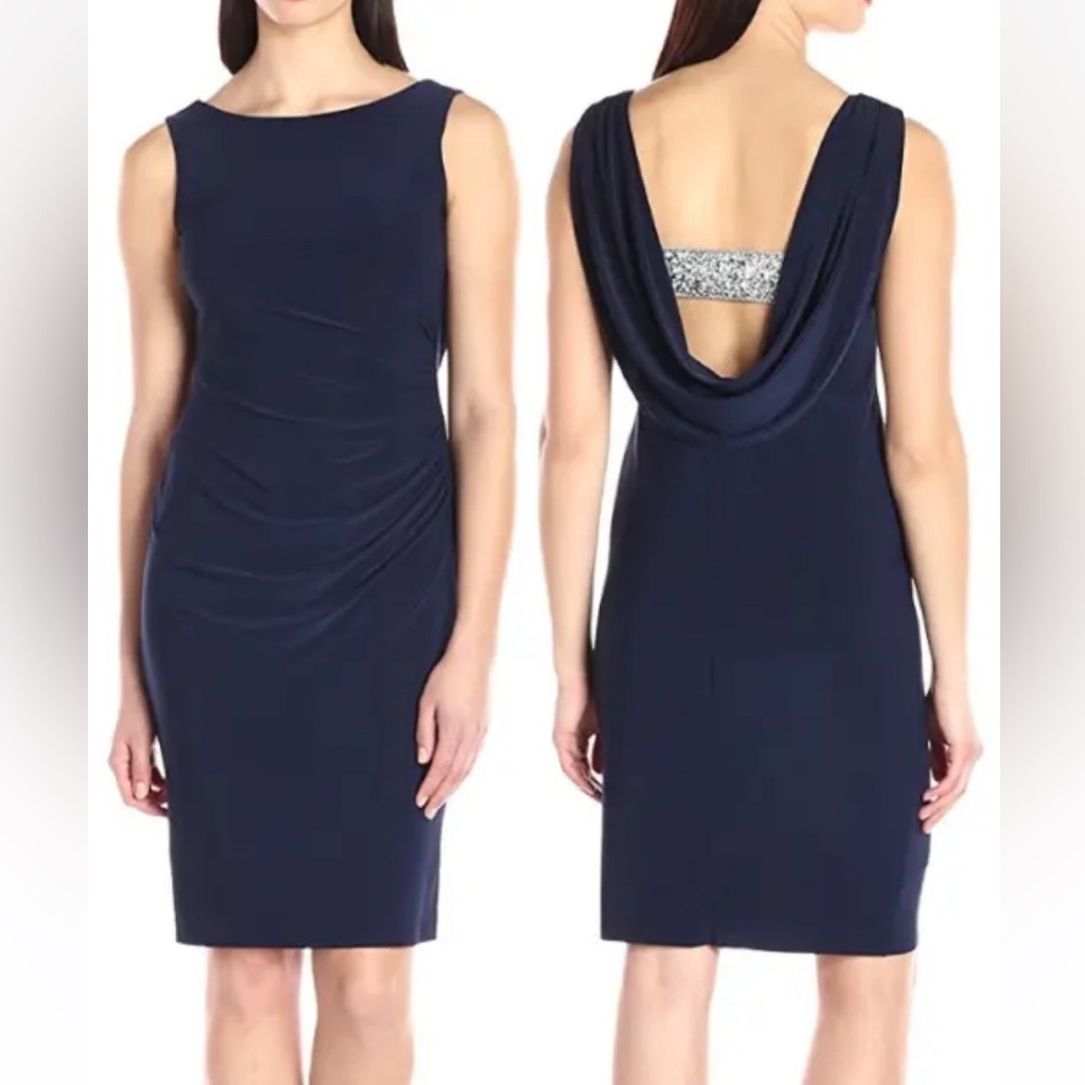 Marina Navy Stretch Jersey Side Ruch Dress w/Beaded Crystal Back Strap Size 14